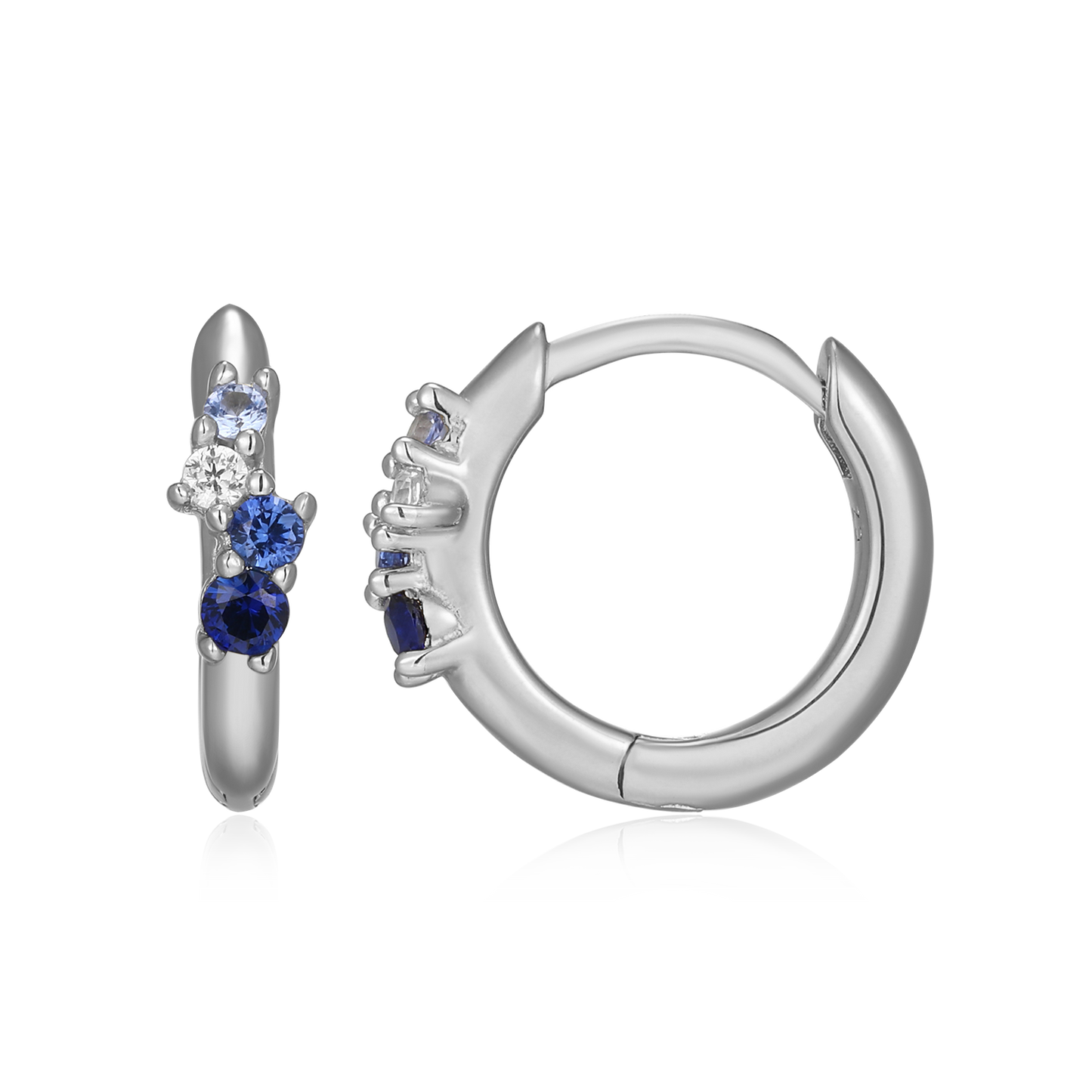 Scattered Ombre Lab-Created Sapphire & Diamond Huggie Earrings in Rhodium-Plated Sterling Silver | M by Monte Luna