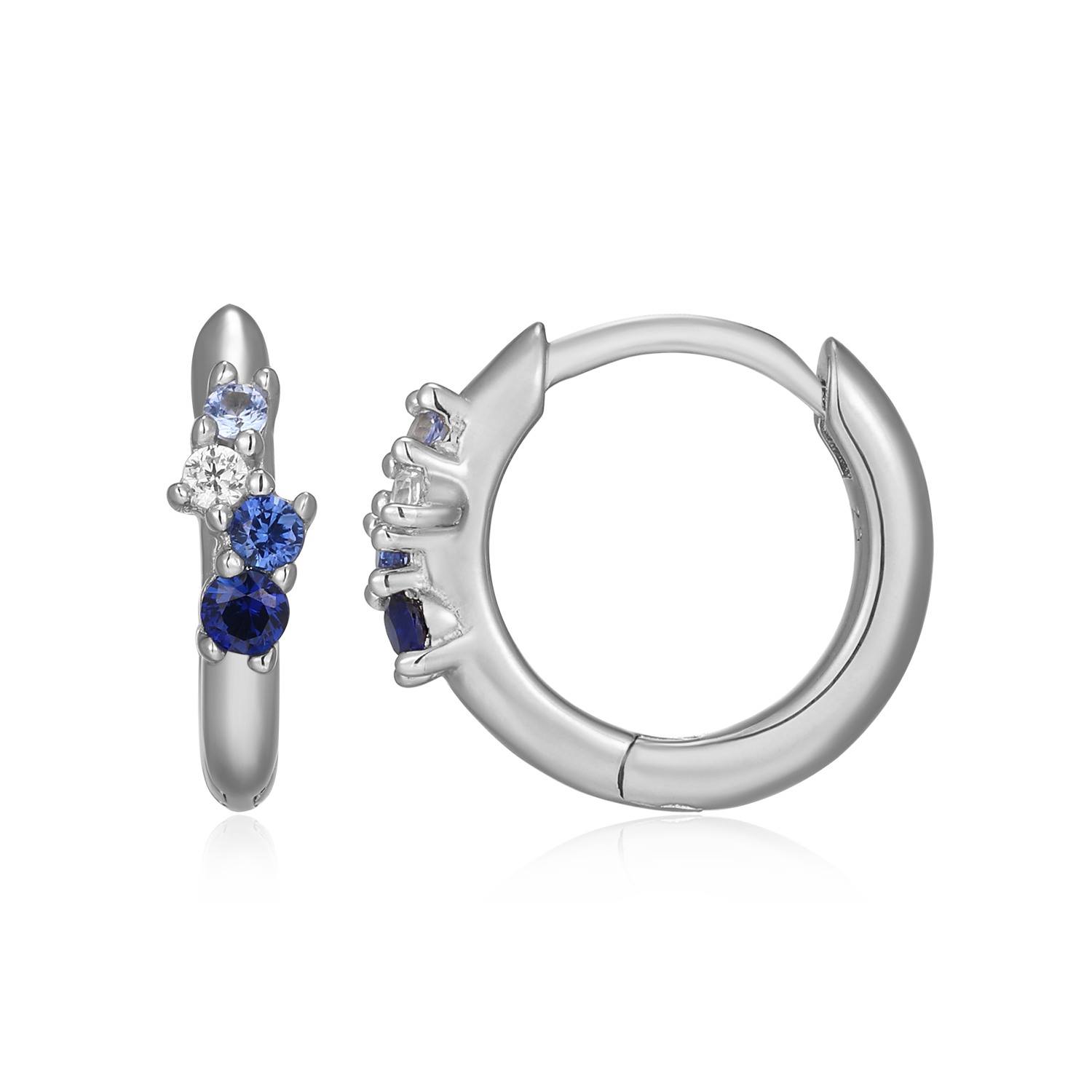 Scattered Ombre Lab-Created Sapphire & Diamond Huggie Earrings in Rhodium-Plated Sterling Silver | M by Monte Luna