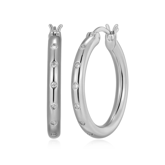 Slim Bezel-Set Lab-Created Diamond Hoop Earrings in Rhodium-Plated Sterling Silver | M by Monte Luna