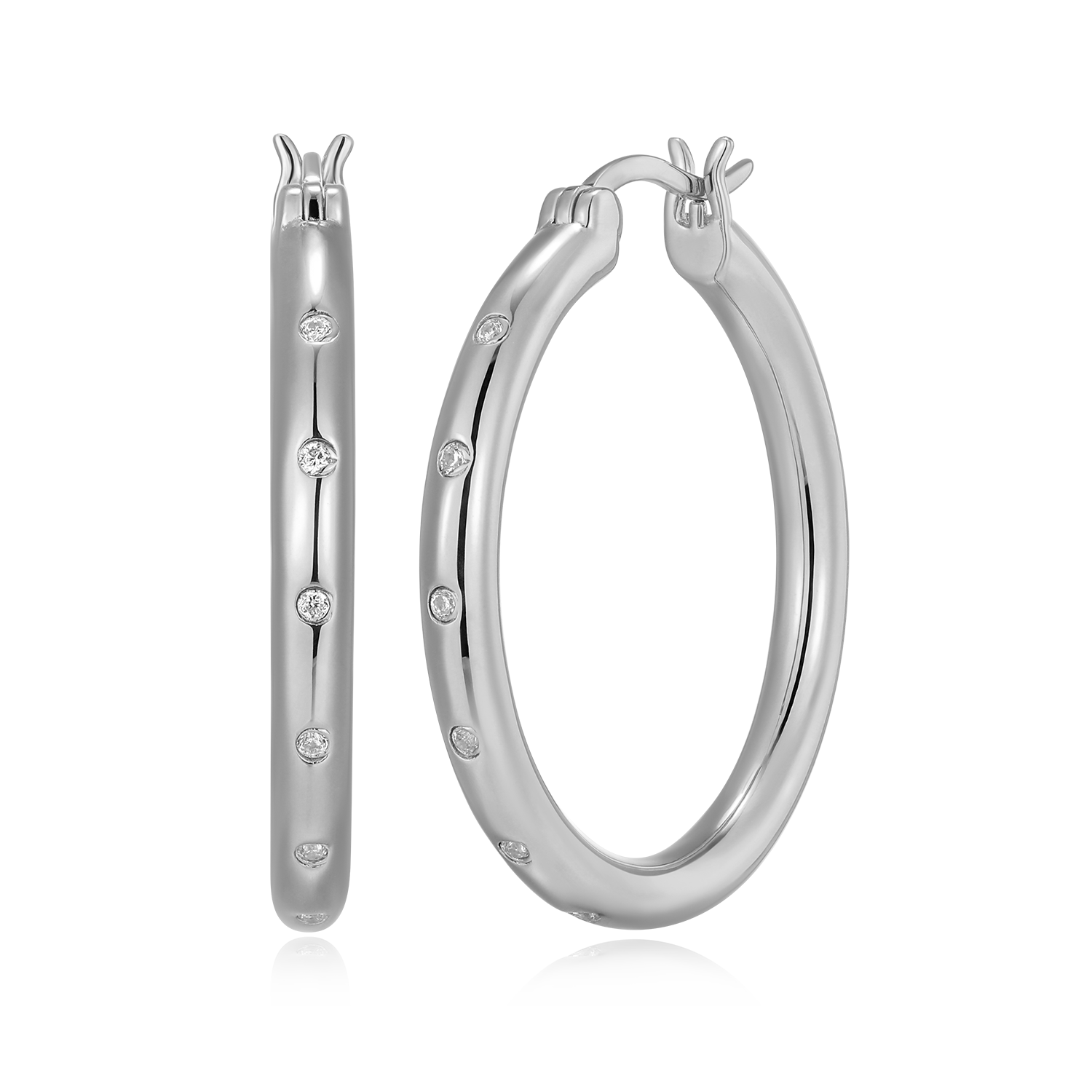 Classic Bezel-Set Lab-Created Diamond Hoop Earrings in Rhodium-Plated Sterling Silver | M by Monte Luna