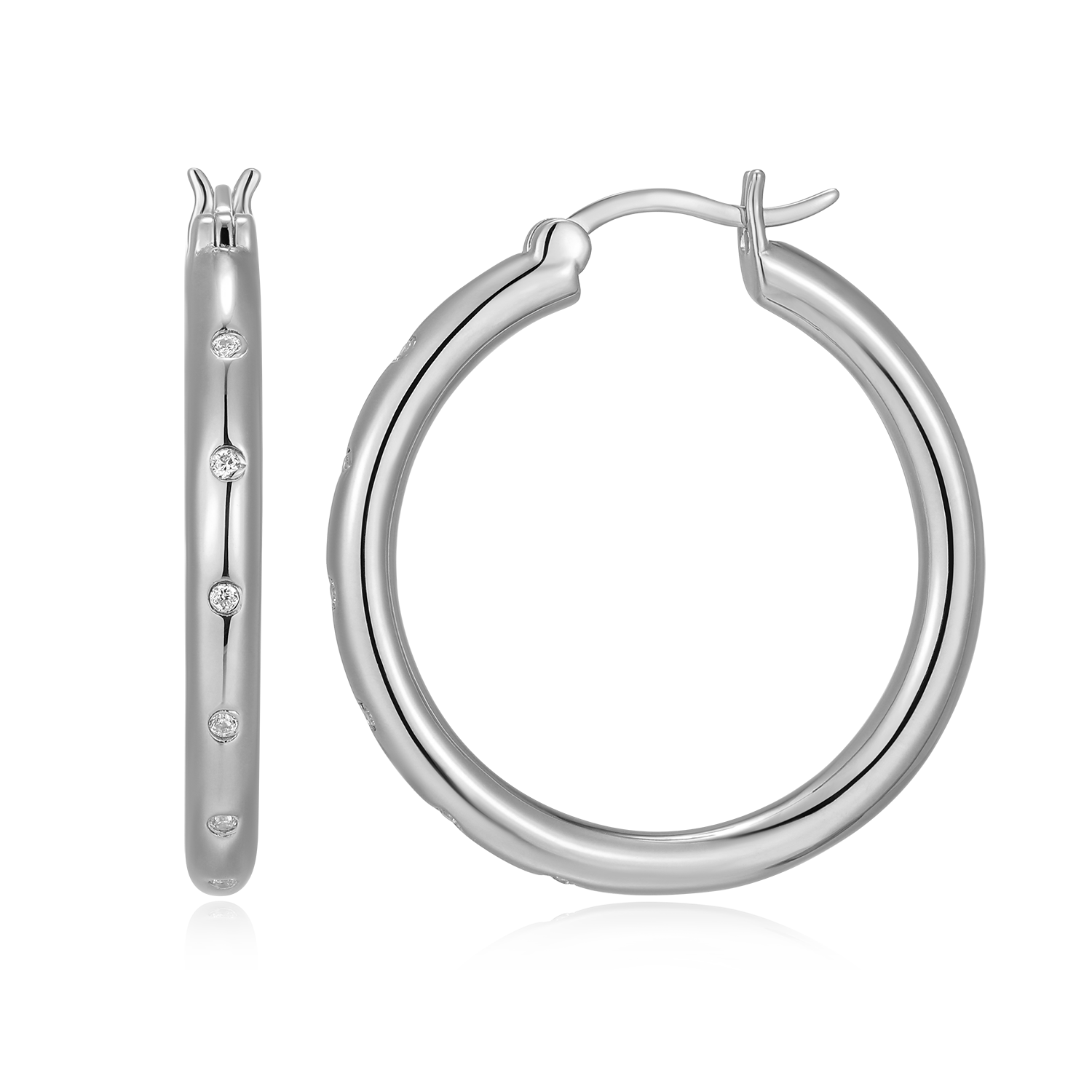 Classic Bezel-Set Lab-Created Diamond Hoop Earrings in Rhodium-Plated Sterling Silver | M by Monte Luna