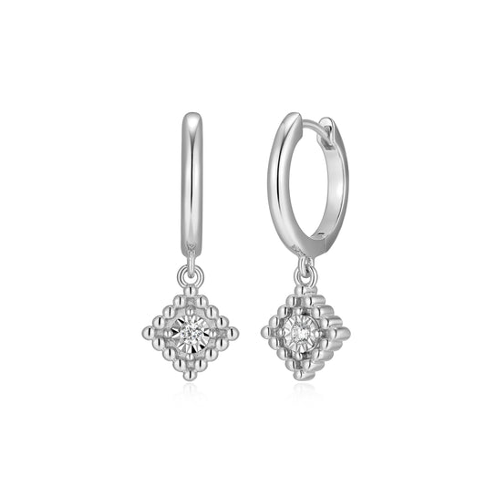 BE0300W - Diamond Beaded Halo Huggie Drop Earrings | m by monte luna