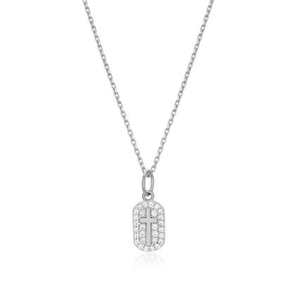 Cross Tag Pendant Necklace in Rhodium-Plated Sterling Silver | M Cross Tag Pendant Necklace in Rhodium-Plated Sterling Silver | M