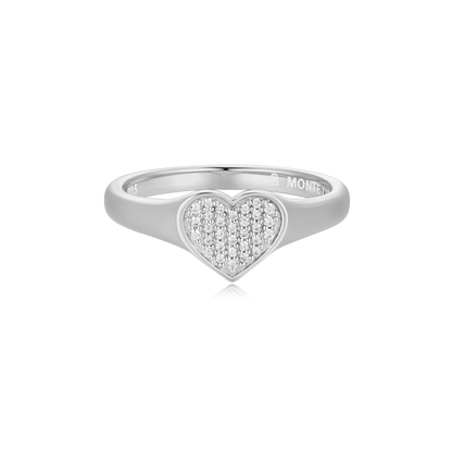 Lab-Created Diamond Pave Heart Signet Ring in Rhodium-Plated Sterling Silver | M by Monte Luna