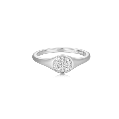 Lab-Created Diamond Pave Circle Signet Ring in Rhodium-Plated Sterling Silver | M by Monte Luna