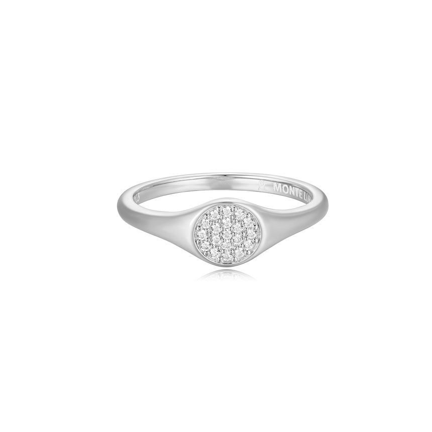 Lab-Created Diamond Pave Circle Signet Ring in Rhodium-Plated Sterling Silver | M by Monte Luna