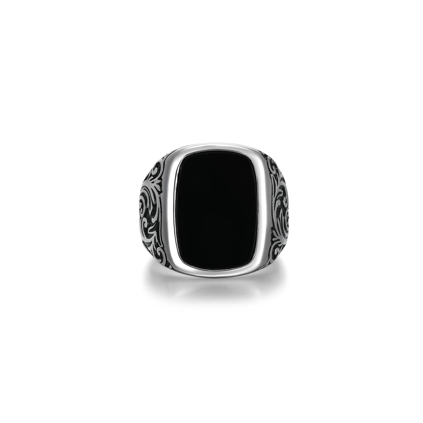 Chisel Rhodium Plated Black Agate Cushion Ring - UR01 | ethos