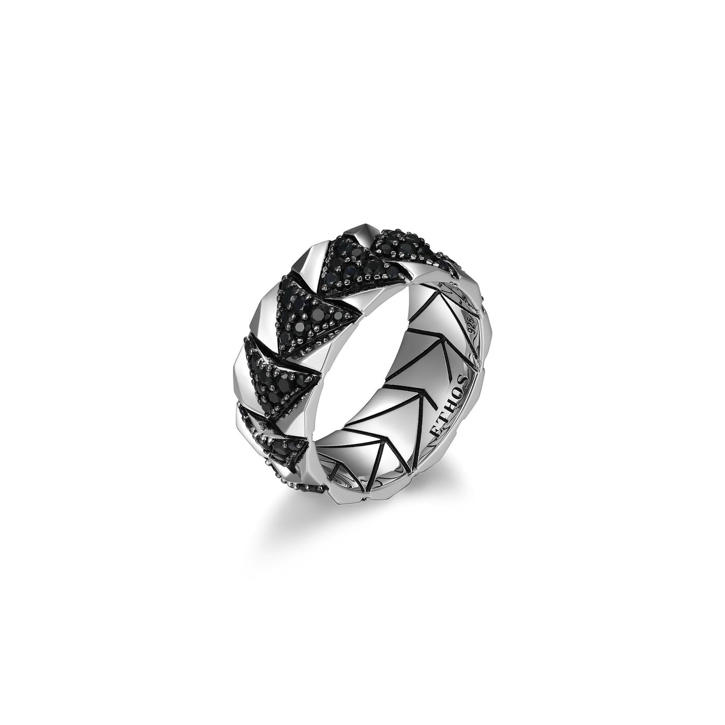 Chevron Rhodium and Gunmetal Sterling Silver and Black Sapphire Band Ring - UR06 | ethos