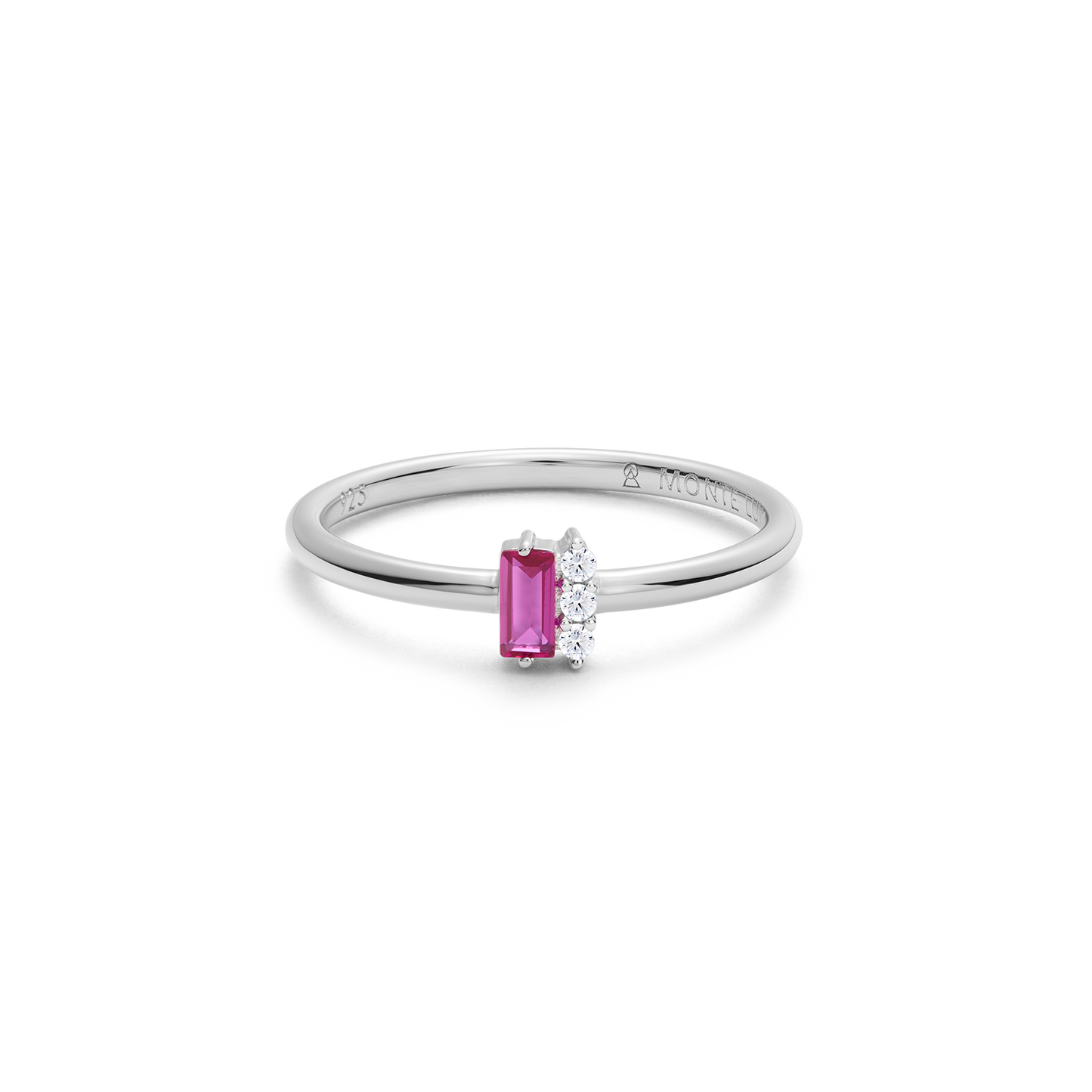 Lab-Created Ruby Baguette & Diamond Round Cluster Ring in Rhodium-Plated Sterling Silver | M by Monte Luna