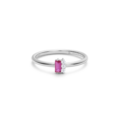 Lab-Created Ruby Baguette & Diamond Round Cluster Ring in Rhodium-Plated Sterling Silver | M by Monte Luna