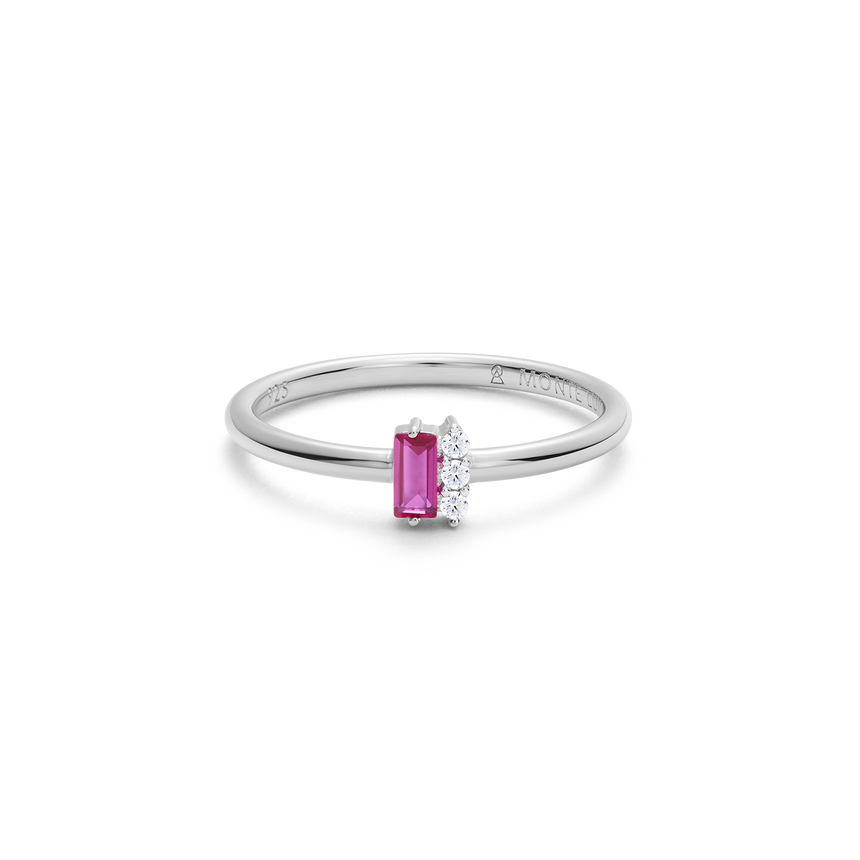 Lab-Created Ruby Baguette & Diamond Round Cluster Ring in Rhodium-Plated Sterling Silver | M by Monte Luna