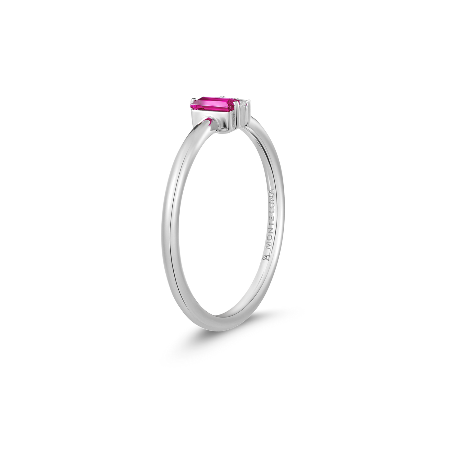 Lab-Created Ruby Baguette & Diamond Round Cluster Ring in Rhodium-Plated Sterling Silver | M by Monte Luna