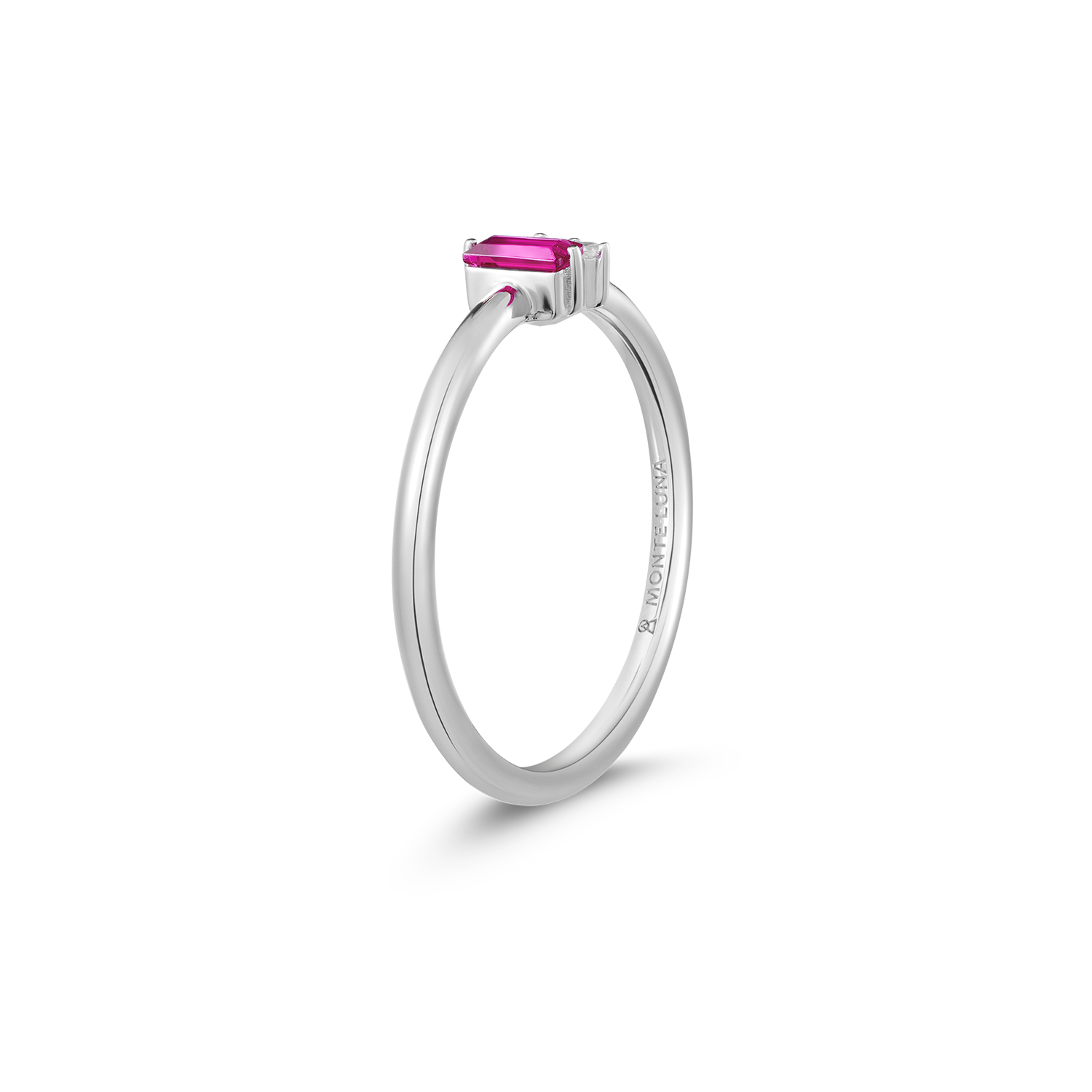 Lab-Created Ruby Baguette & Diamond Round Cluster Ring in Rhodium-Plated Sterling Silver | M by Monte Luna