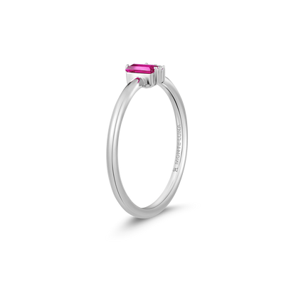 Lab-Created Ruby Baguette & Diamond Round Cluster Ring in Rhodium-Plated Sterling Silver | M by Monte Luna
