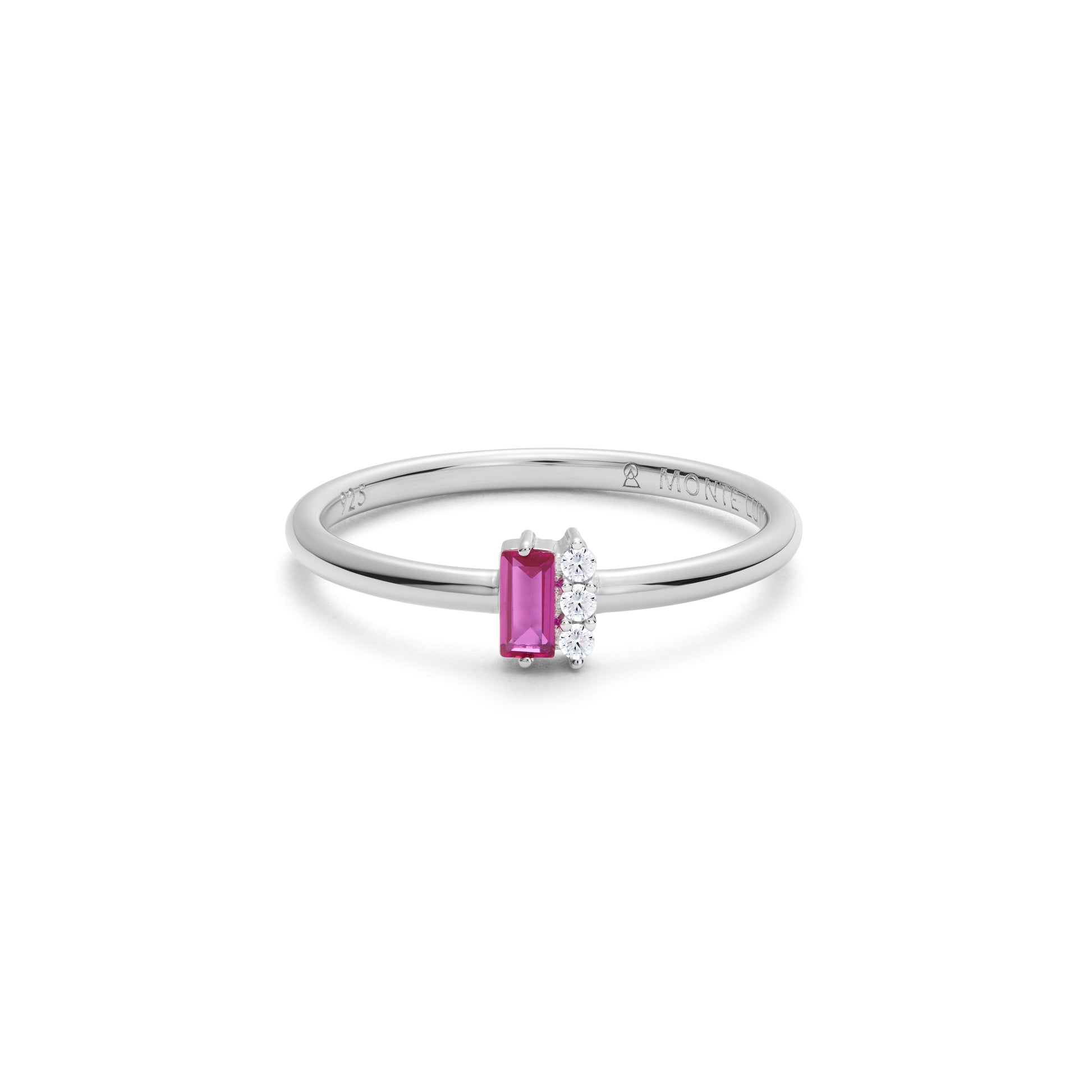 BR0173W - Lab-Created Ruby Baguette & Diamond Round Cluster Ring in Rhodium-Plated Sterling Silver | m by monte luna