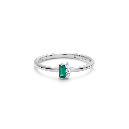 Lab-Created Emerald Baguette & Diamond Round Cluster Ring in Rhodium-Plated Sterling Silver | M by Monte Luna