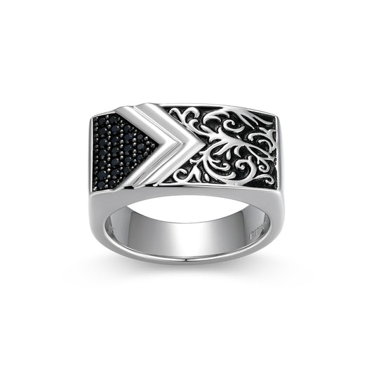Chisel & Chevron Genuine Black Sapphire Ring in Rhodium-Plated Sterling Silver | ethos