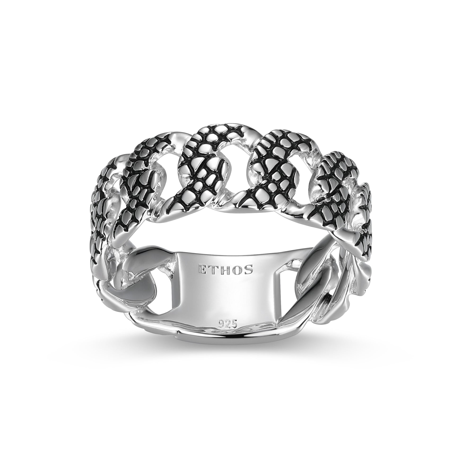 Reptile Design Cuban Link Band Ring in Rhodium-Plated Sterling Silver | ethos