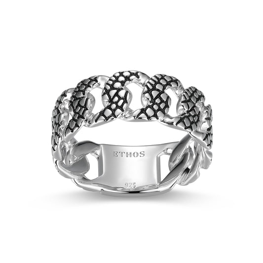 Reptile Design Cuban Link Band Ring in Rhodium-Plated Sterling Silver | ethos