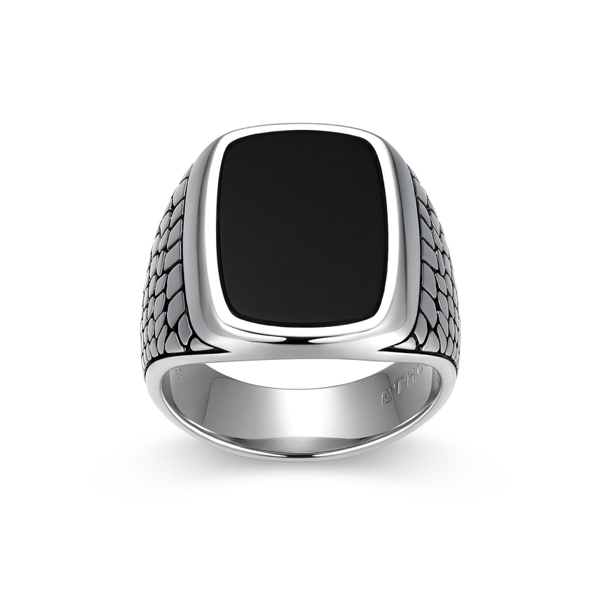 Reptile Design Black Agate Signet Ring in Rhodium-Plated Sterling Silver | ethos
