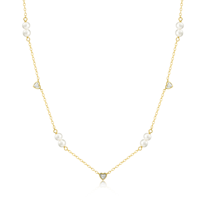 Hearts & Pearls Station Necklace in 14K Yellow Gold-Plated Sterling Silver | M by Monte Luna