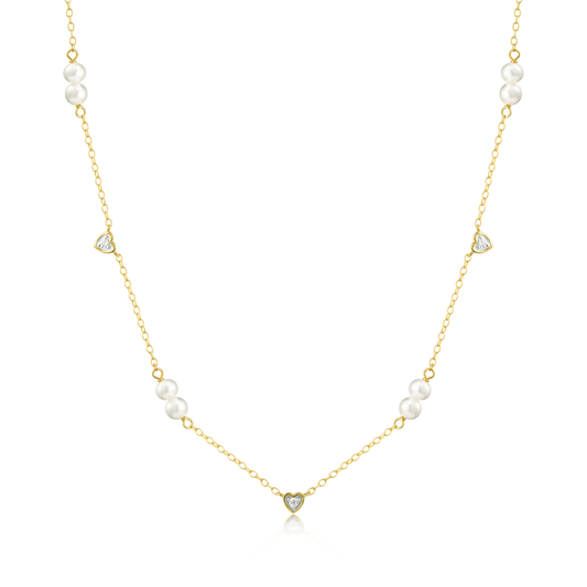 Hearts & Pearls Station Necklace in 14K Yellow Gold-Plated Sterling Silver | M by Monte Luna