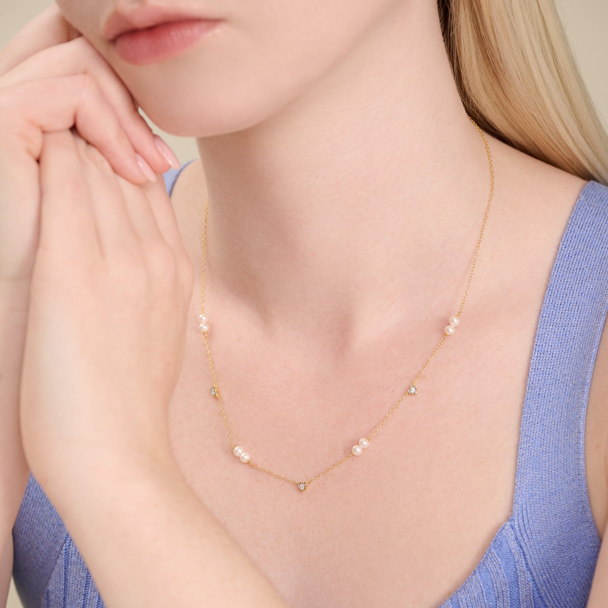 Hearts & Pearls Station Necklace in 14K Yellow Gold-Plated Sterling Silver | M by Monte Luna