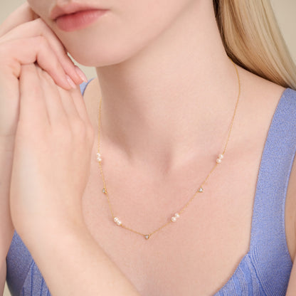 Hearts & Pearls Station Necklace in 14K Yellow Gold-Plated Sterling Silver | M by Monte Luna