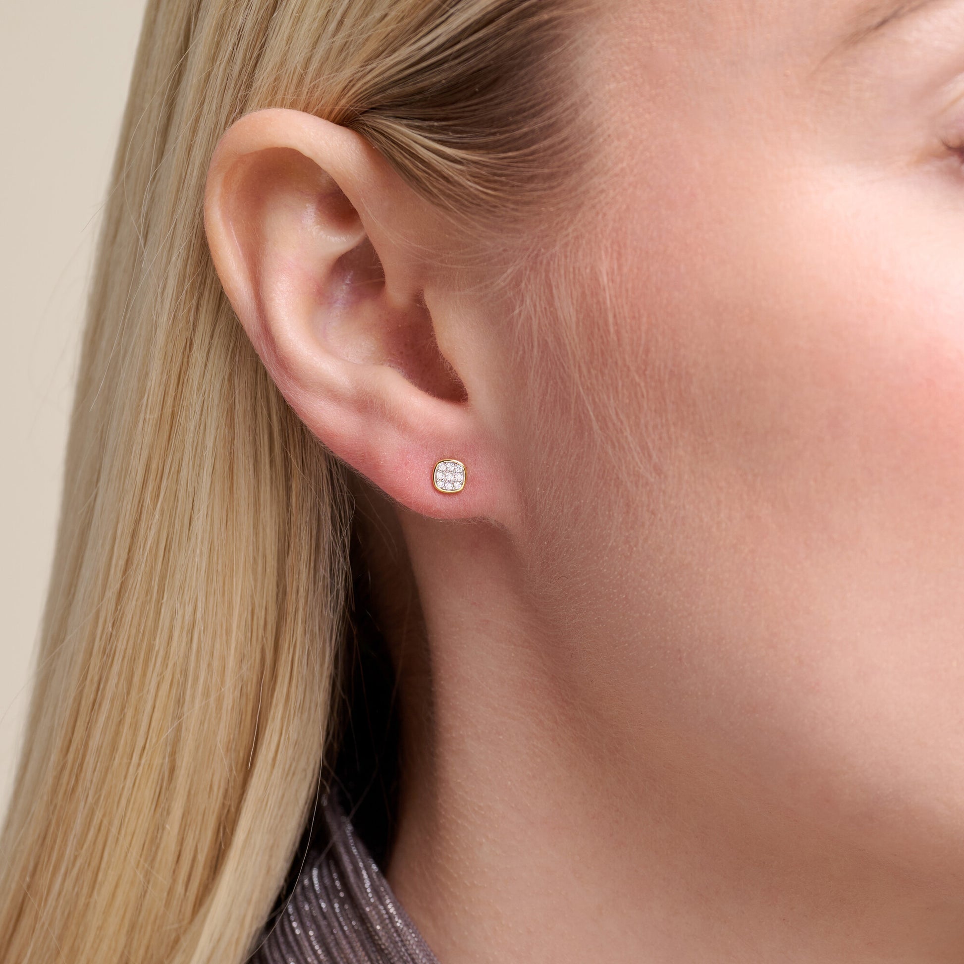 Cushion Pave Stud Earrings in 14K Yellow Gold-Plated Sterling Silver | M by Monte Luna