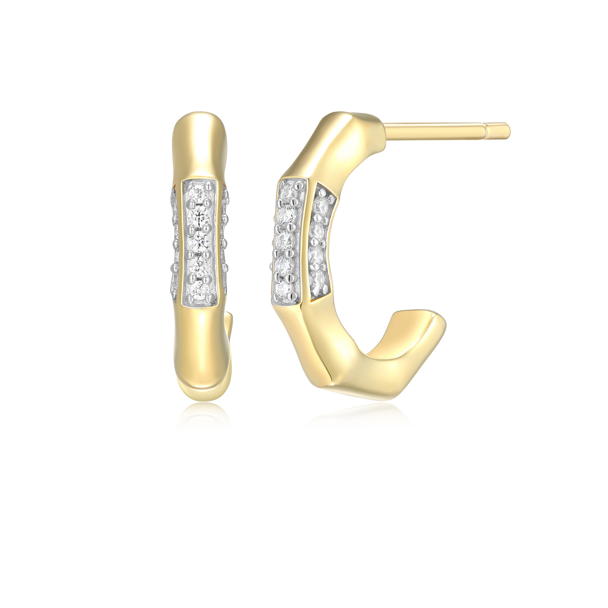 Bamboo J-Hoop Stud Earrings in 14K Yellow Gold-Plated Sterling Silver | M by Monte Luna