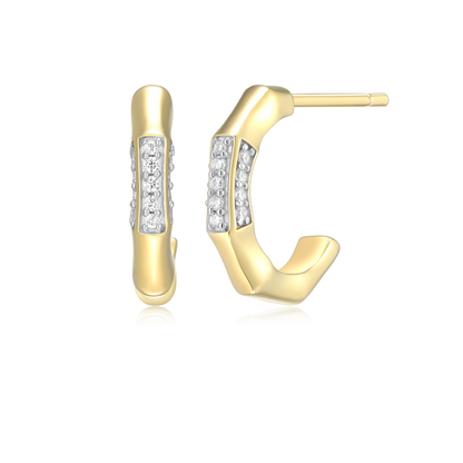 Bamboo J-Hoop Stud Earrings in 14K Yellow Gold-Plated Sterling Silver | M by Monte Luna
