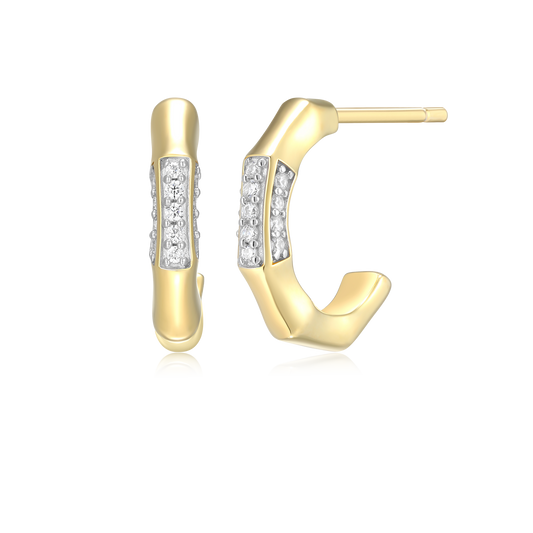 Bamboo J-Hoop Stud Earrings in 14K Yellow Gold-Plated Sterling Silver | M by Monte Luna
