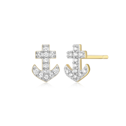 Anchor Pave Stud Earrings in 14K Yellow Gold-Plated Sterling Silver | M by Monte Luna