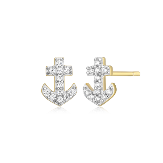 Anchor Pave Stud Earrings in 14K Yellow Gold-Plated Sterling Silver | M by Monte Luna