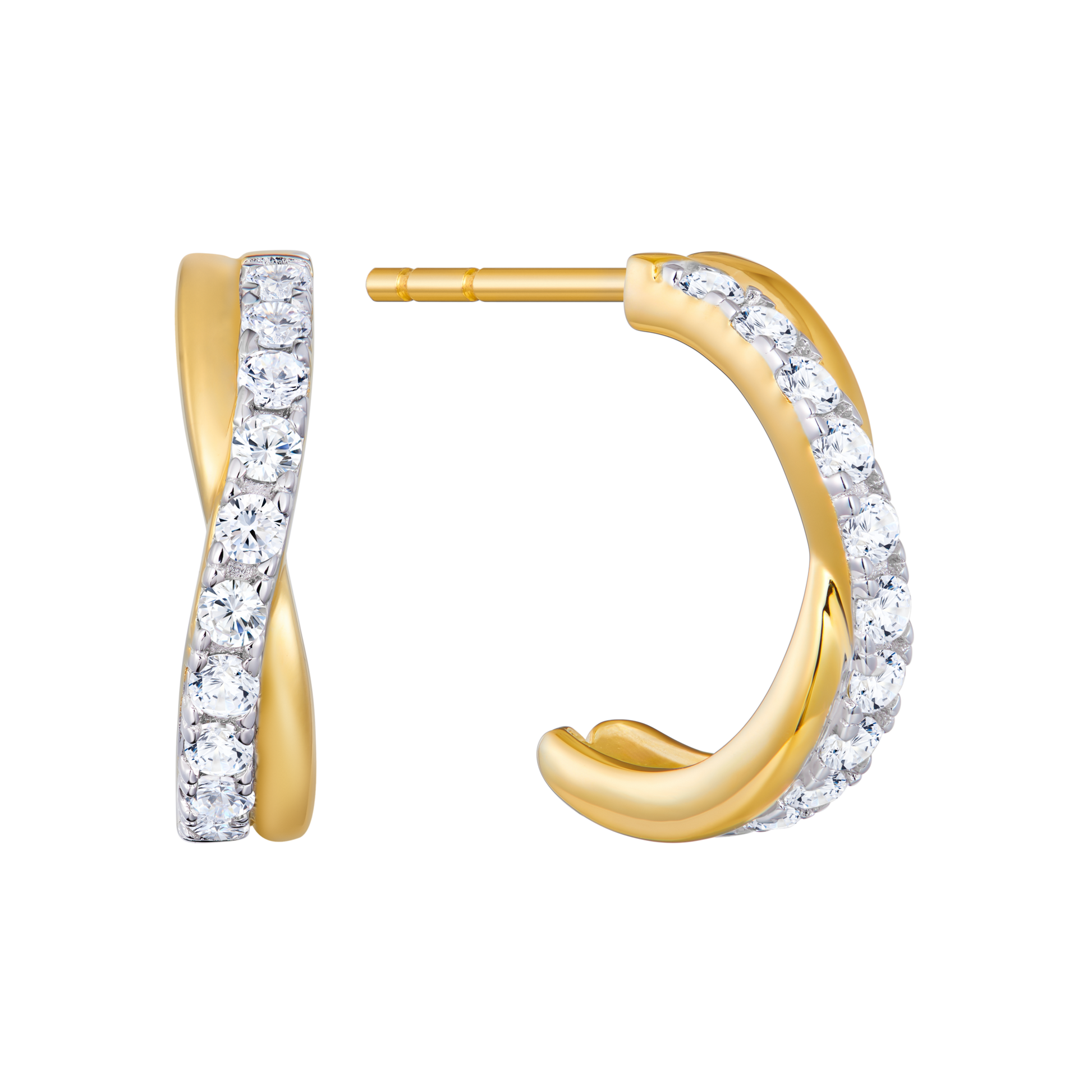 Pave Crossover J-Hoop Stud Earrings in 14K Yellow Gold-Plated Sterling Silver | M by Monte Luna