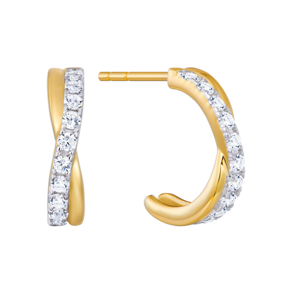 Pave Crossover J-Hoop Stud Earrings in 14K Yellow Gold-Plated Sterling Silver | M by Monte Luna
