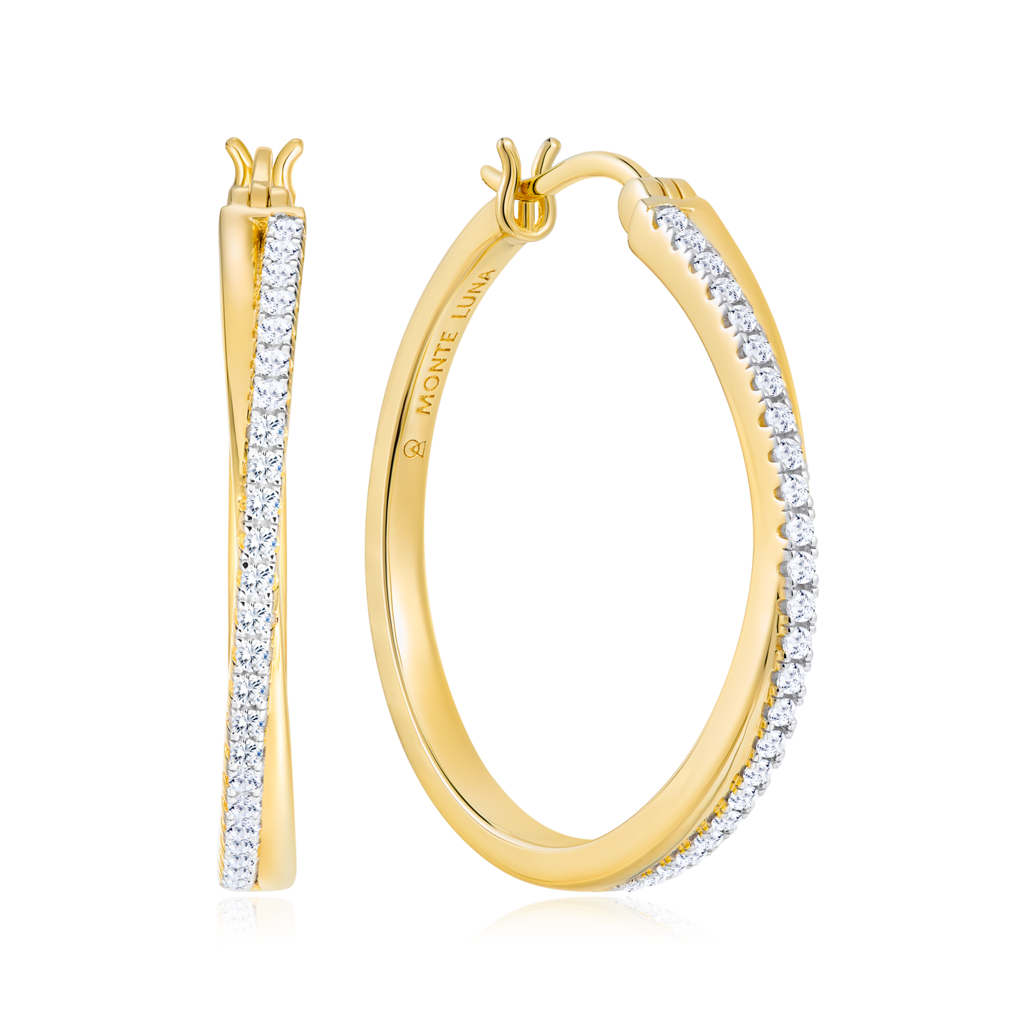 Large Half Pave Twist Hoop Earrings in 14K Yellow Gold-Plated Sterling Silver | M by Monte Luna