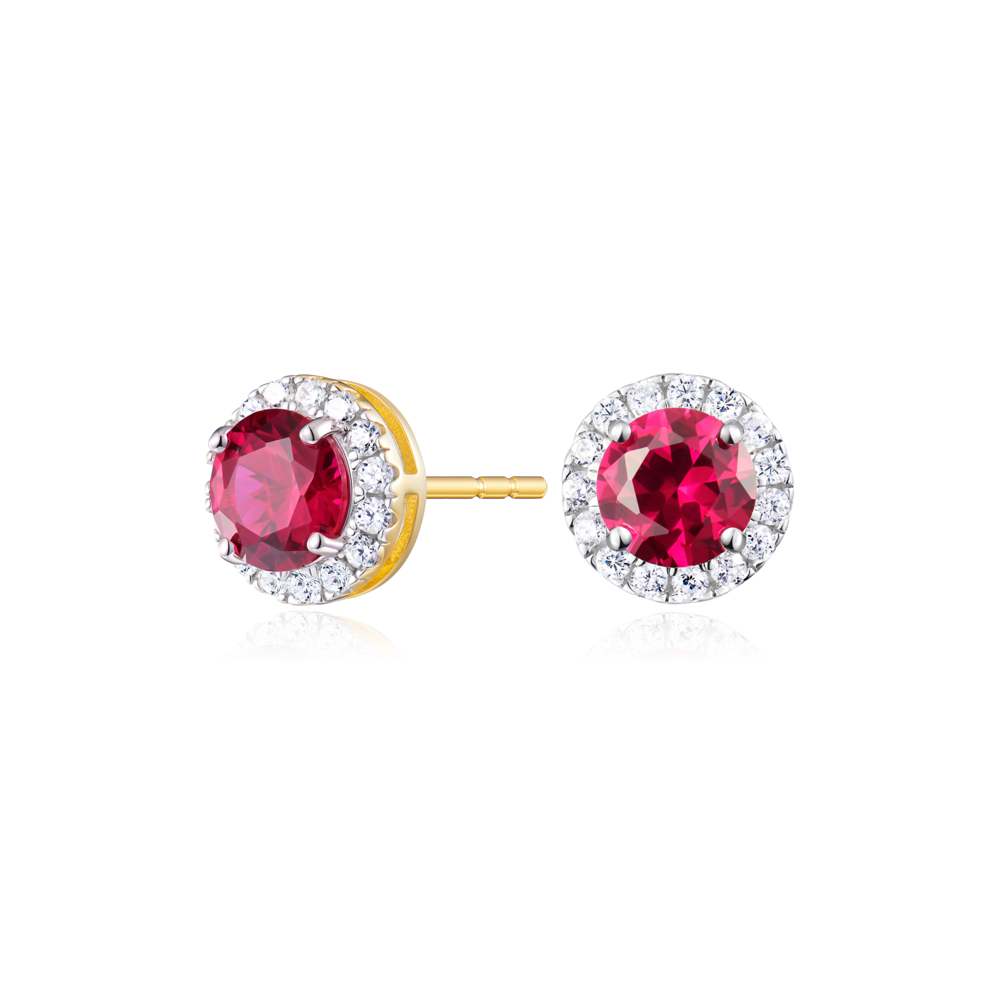 Round-Cut Lab-Created Ruby Halo Stud Earrings in 14K Yellow Gold | Monte Luna