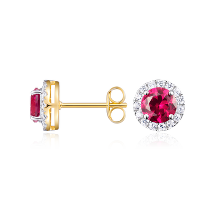 Round-Cut Lab-Created Ruby Halo Stud Earrings in 14K Yellow Gold | Monte Luna