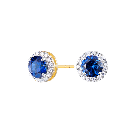 Round-Cut Lab-Created Blue Sapphire Halo Stud Earrings in 14K Yellow Gold | Monte Luna