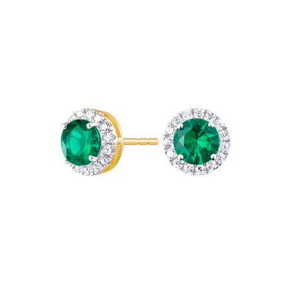 Round-Cut Lab-Created Emerald Halo Stud Earrings in 14K Yellow Gold | Monte Luna