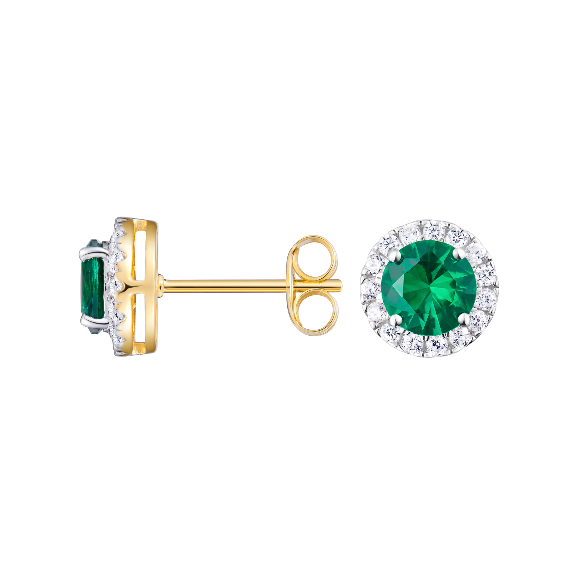 Round-Cut Lab-Created Emerald Halo Stud Earrings in 14K Yellow Gold | Monte Luna