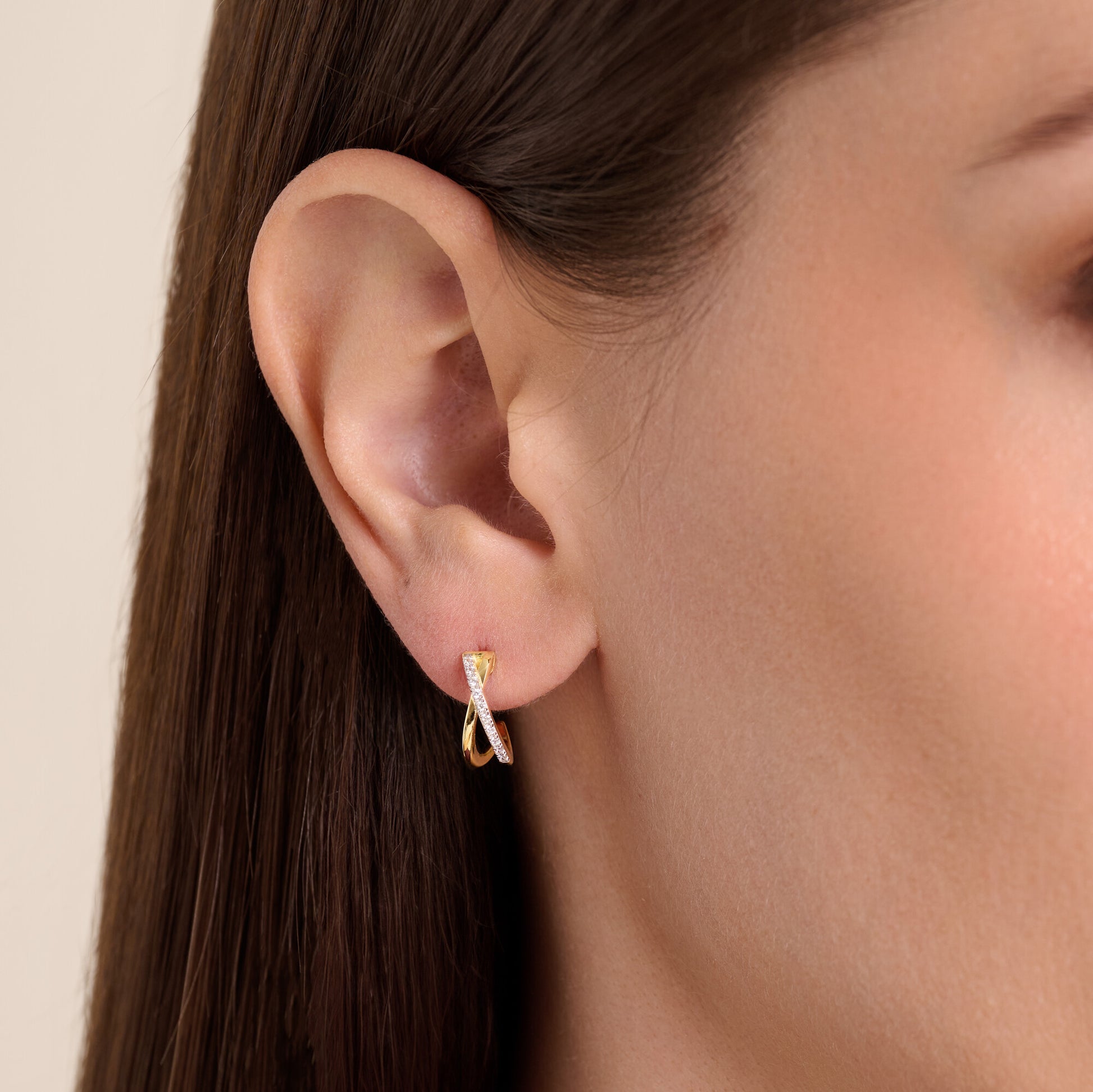 Crossover J-Hoop Stud Earrings in 14K Yellow Gold-Plated Sterling Silver | M by Monte Luna