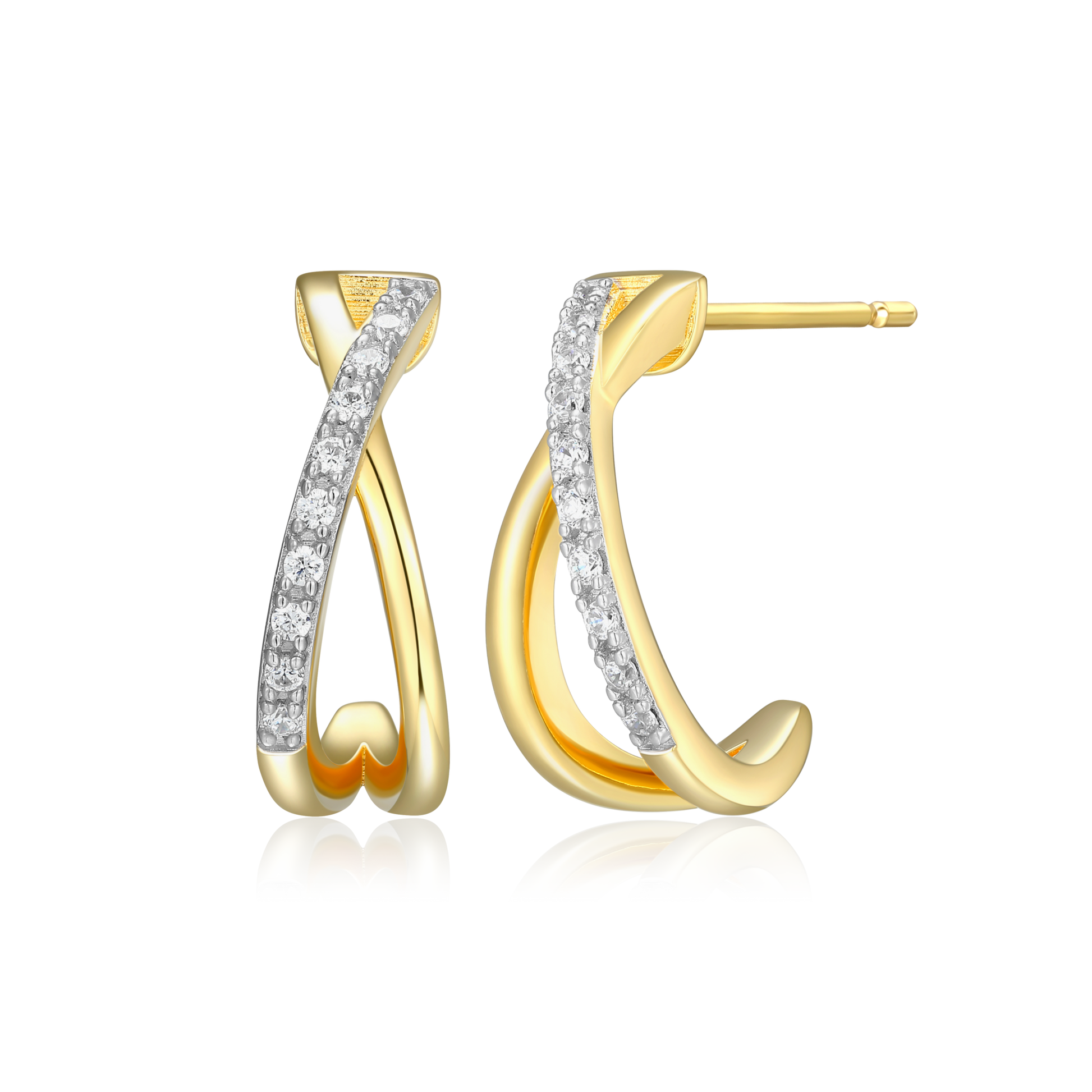 Crossover J-Hoop Stud Earrings in 14K Yellow Gold-Plated Sterling Silver | M by Monte Luna