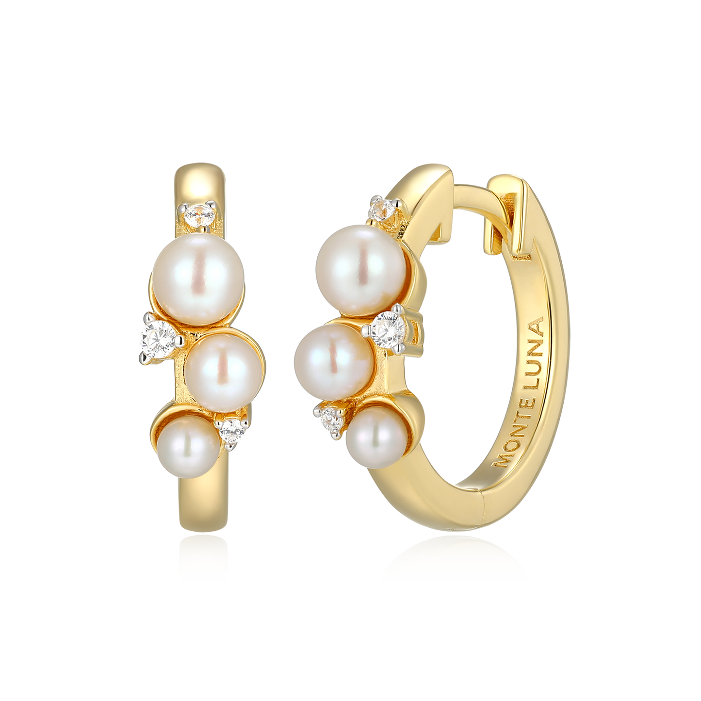 Scattered Genuine Pearl & Lab-Created Diamond Huggie Earrings in 14K Gold & Rhodium-Plated Sterling Silver | M by Monte Luna