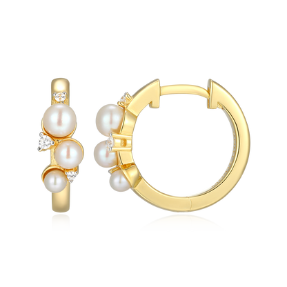 Scattered Genuine Pearl & Lab-Created Diamond Huggie Earrings in 14K Gold & Rhodium-Plated Sterling Silver | M by Monte Luna