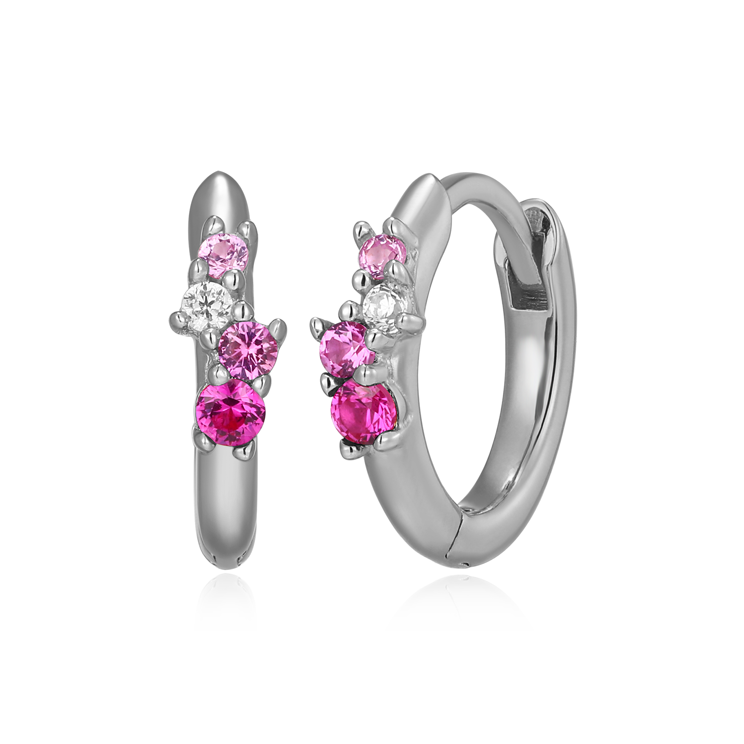 Scattered Ombre Lab-Created Ruby & Diamond Huggie Earrings in Rhodium-Plated Sterling Silver | M by Monte Luna
