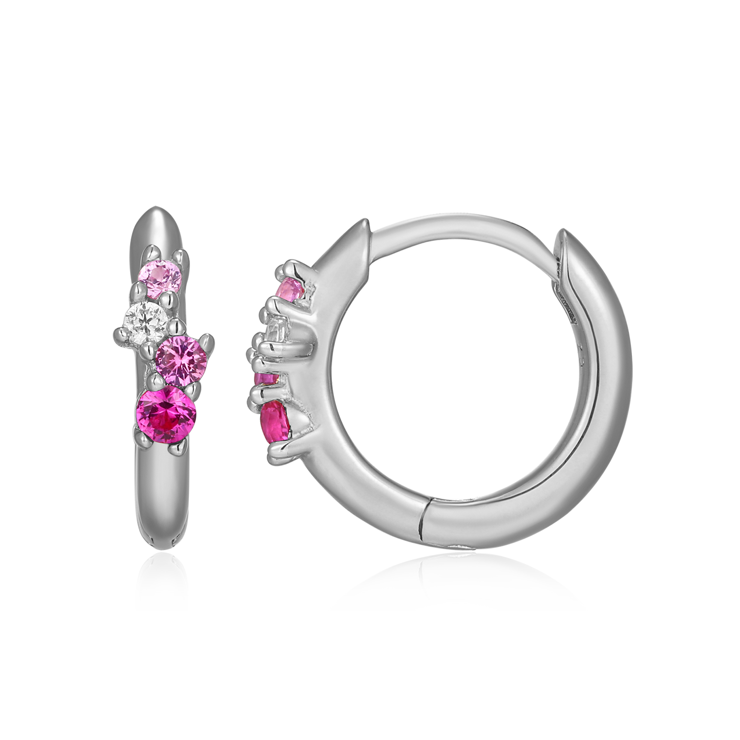 Scattered Ombre Lab-Created Ruby & Diamond Huggie Earrings in Rhodium-Plated Sterling Silver | M by Monte Luna