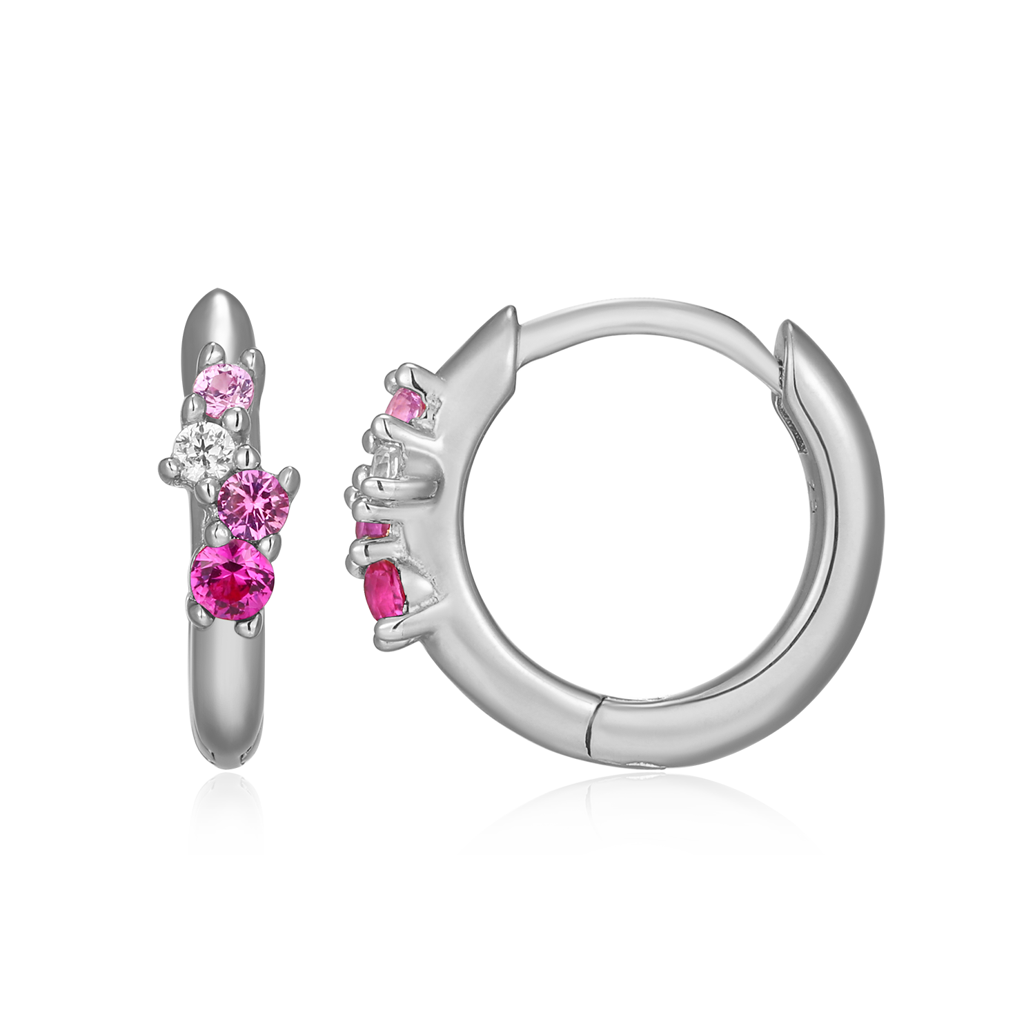 Scattered Ombre Lab-Created Ruby & Diamond Huggie Earrings in Rhodium-Plated Sterling Silver | M by Monte Luna