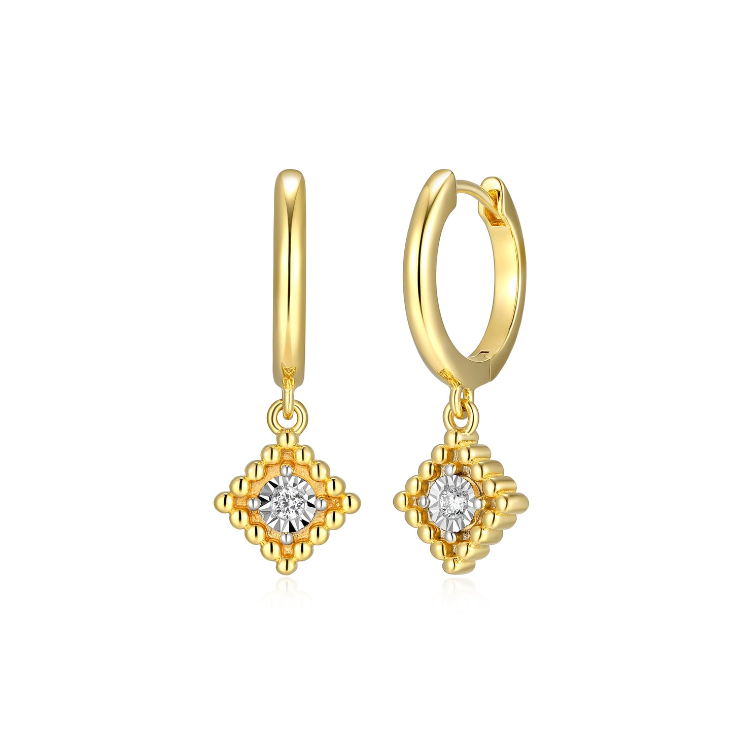 BE0300Y - Diamond Beaded Halo Huggie Drop Earrings | m by monte luna
